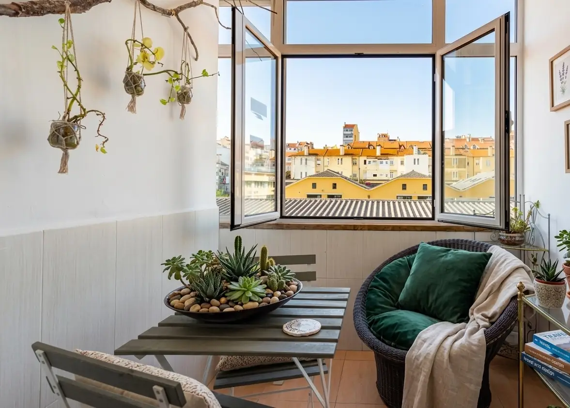 Sunlit balcony with Lisbon rooftop views at Divine House of Graça